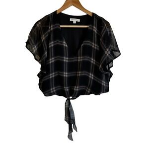 Miley + Molly Plaid‎ Tie-Front Top Flutter Sleeve Blouse Semi-Sheer M